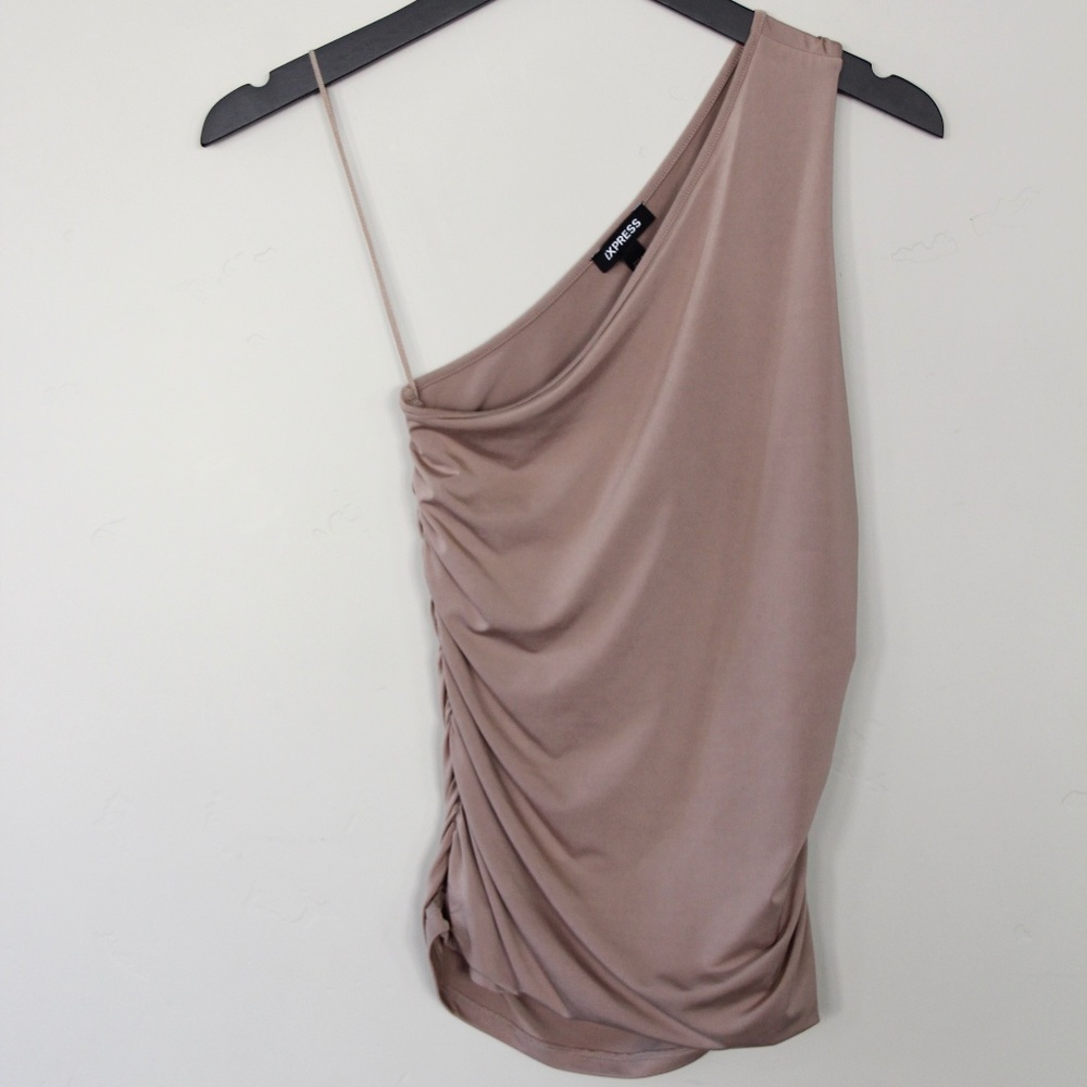 Express Asymmetrical One-Shoulder Ruched Taupe Blush Top | Size Small